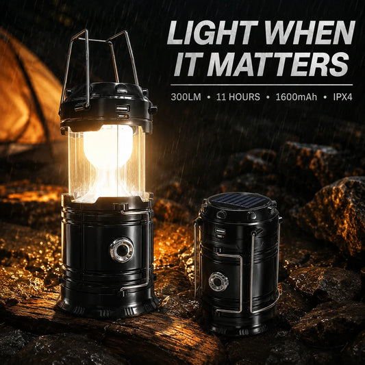 Collapsible Solar Rechargeable Camping Lantern - Carry Handle & Multi-Purpose Outdoor Light