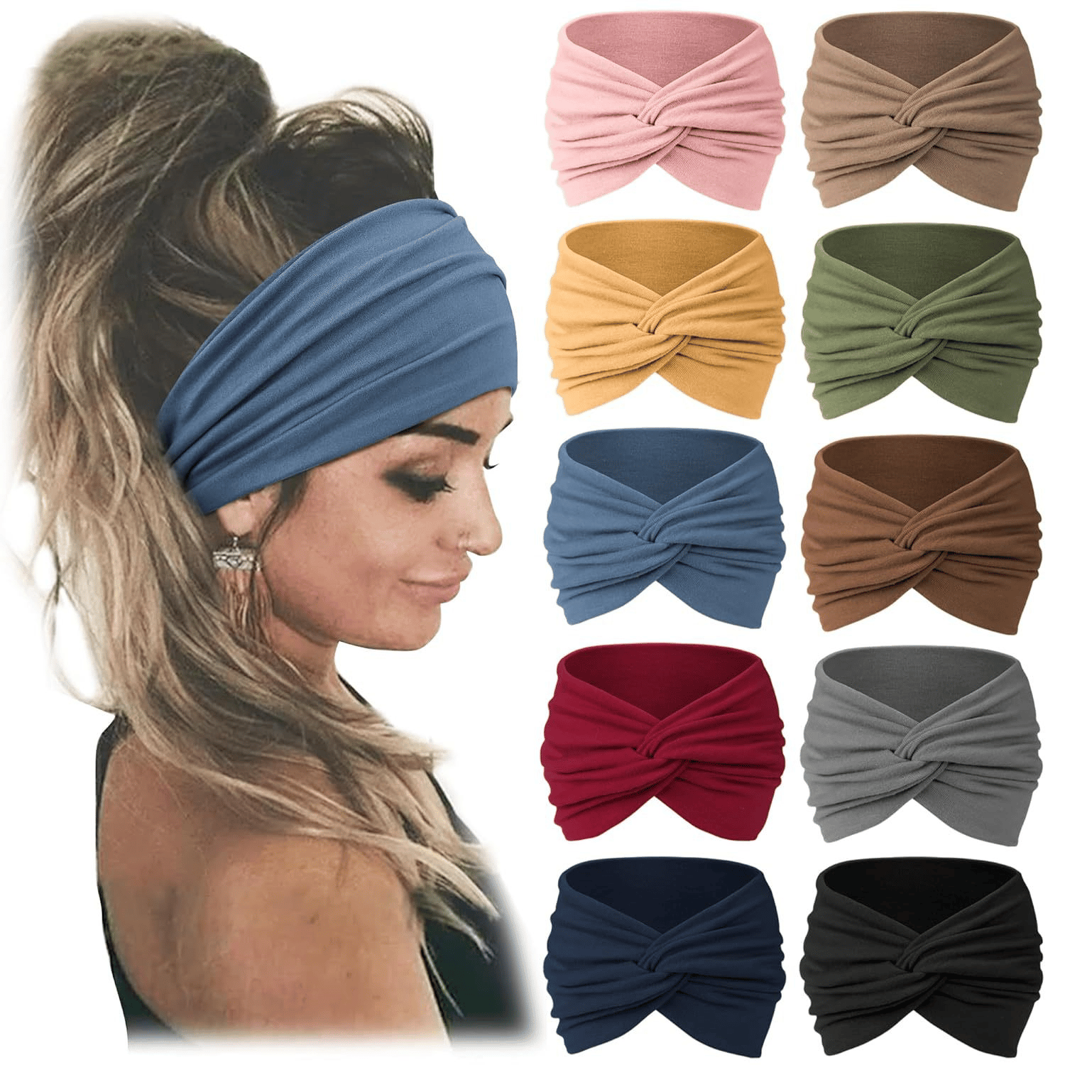 10 Pack Wide Knotted Turban Headbands for Women