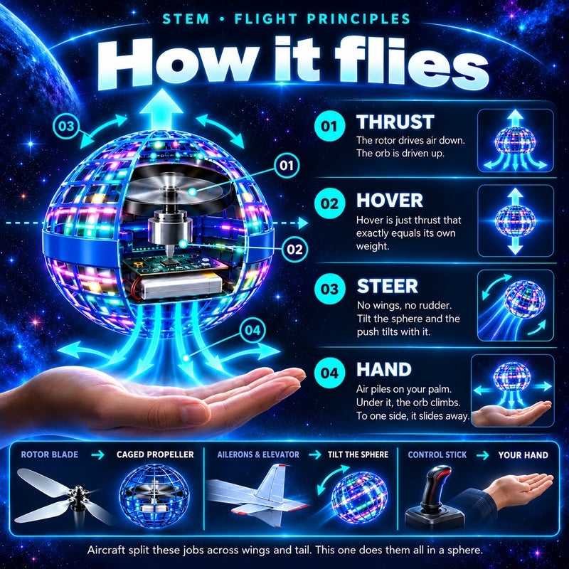 Illustration explaining the flying orb's rotor, lift, hovering, and steering