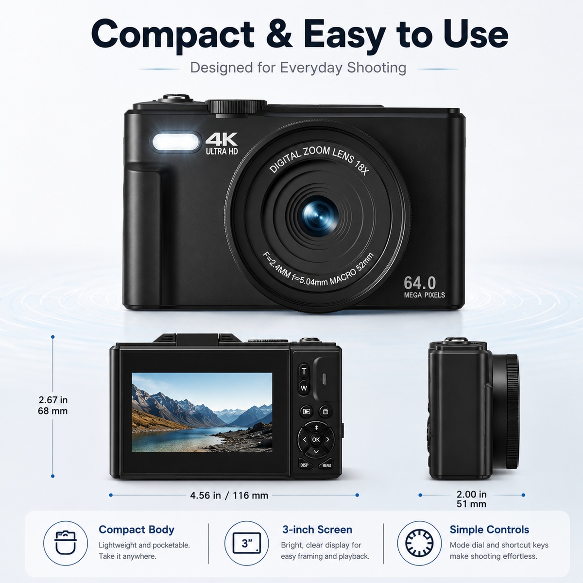 📸 4K 64MP Vlogging Camera with 180° Flip Screen: Portable Photography, WiFi Connectivity