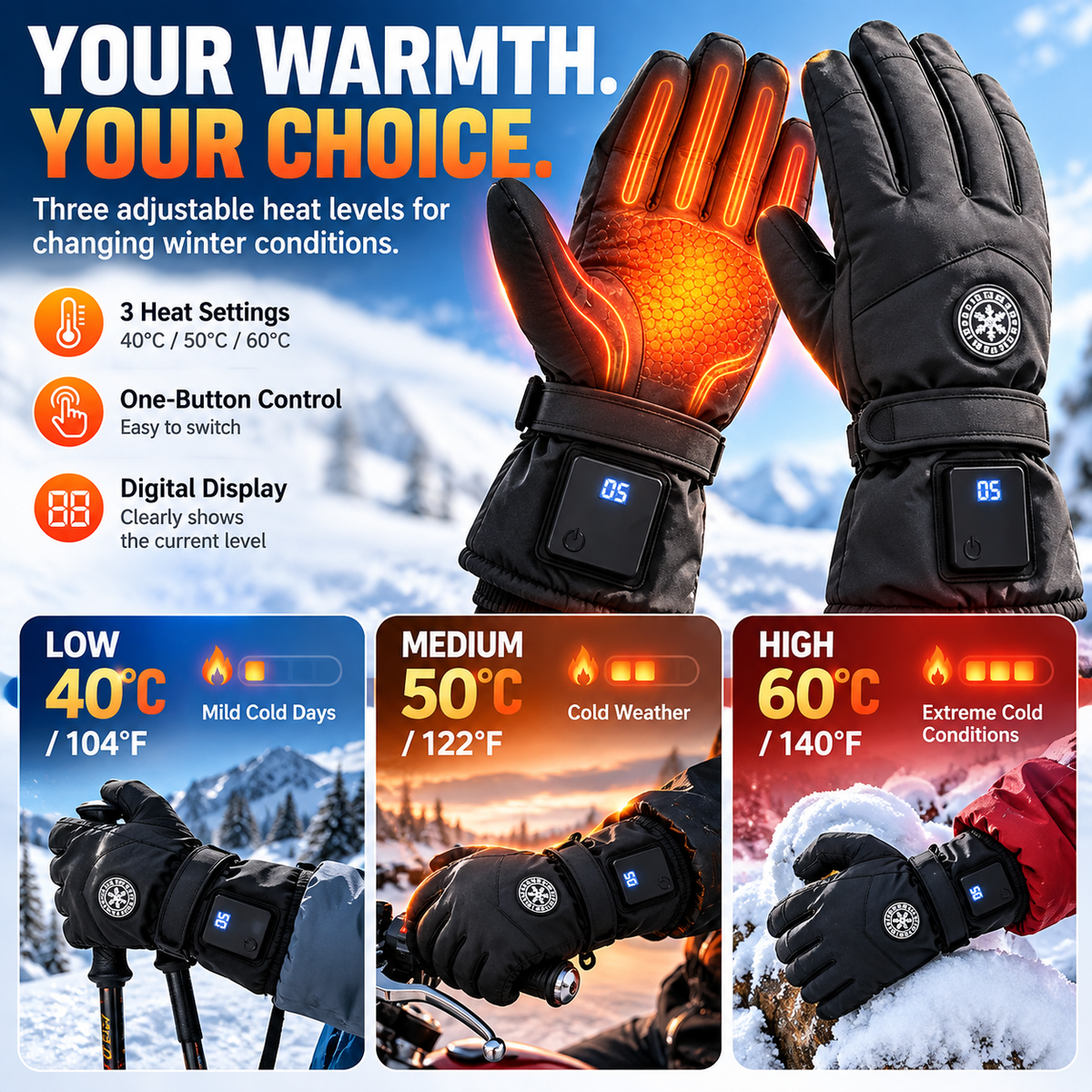 Winter Rechargeable Heated Gloves – 3 Heat Settings, Waterproof & Touchscreen
