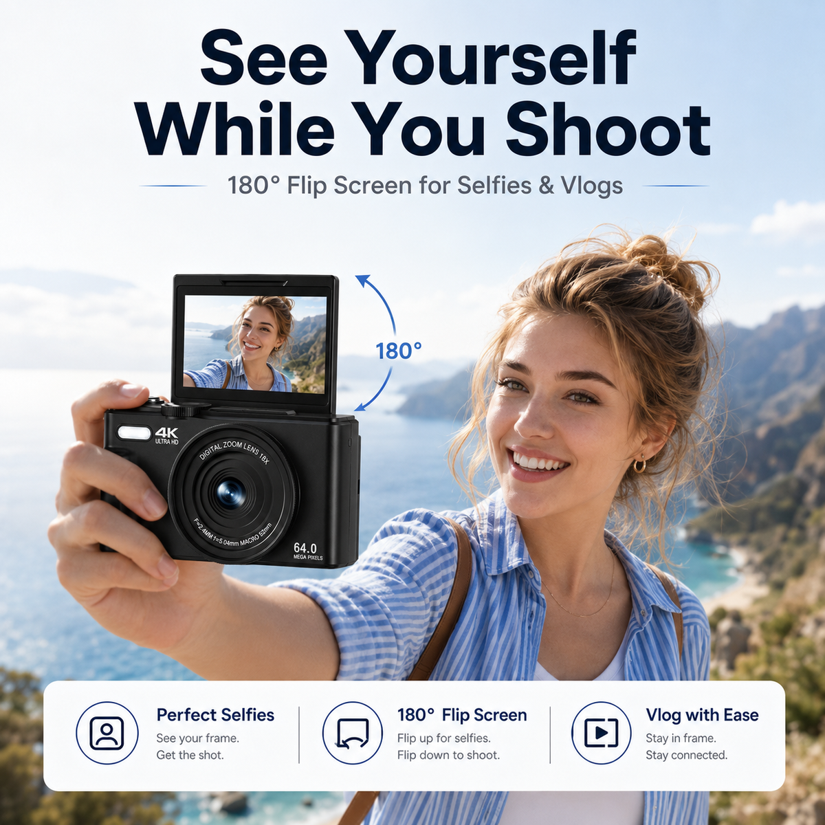 📸 4K 64MP Vlogging Camera with 180° Flip Screen: Portable Photography, WiFi Connectivity