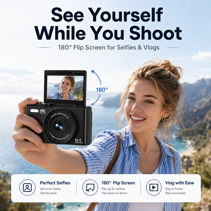 📸 4K 64MP Vlogging Camera with 180° Flip Screen: Portable Photography, WiFi Connectivity