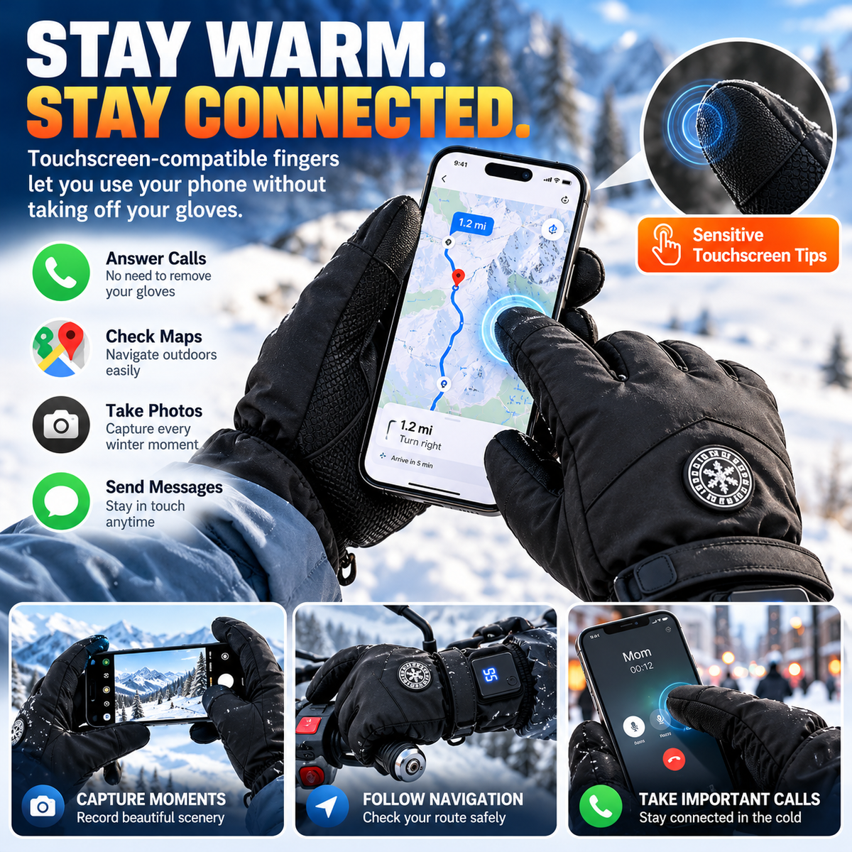 Winter Rechargeable Heated Gloves – 3 Heat Settings, Waterproof & Touchscreen