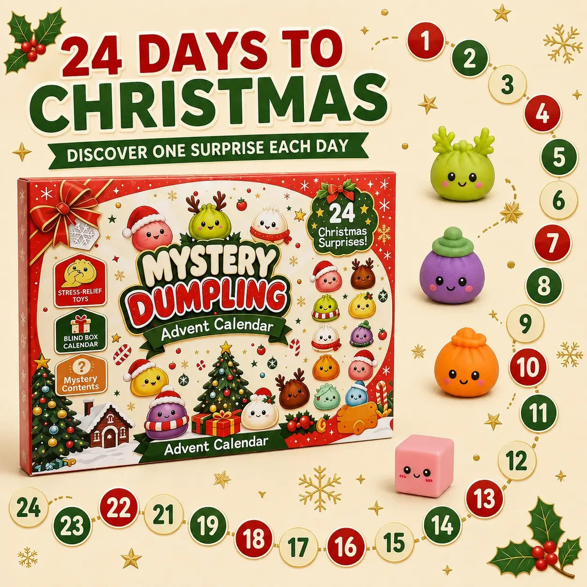 Christmas Mini Squishies，24-Day Dumpling Squishy Toy