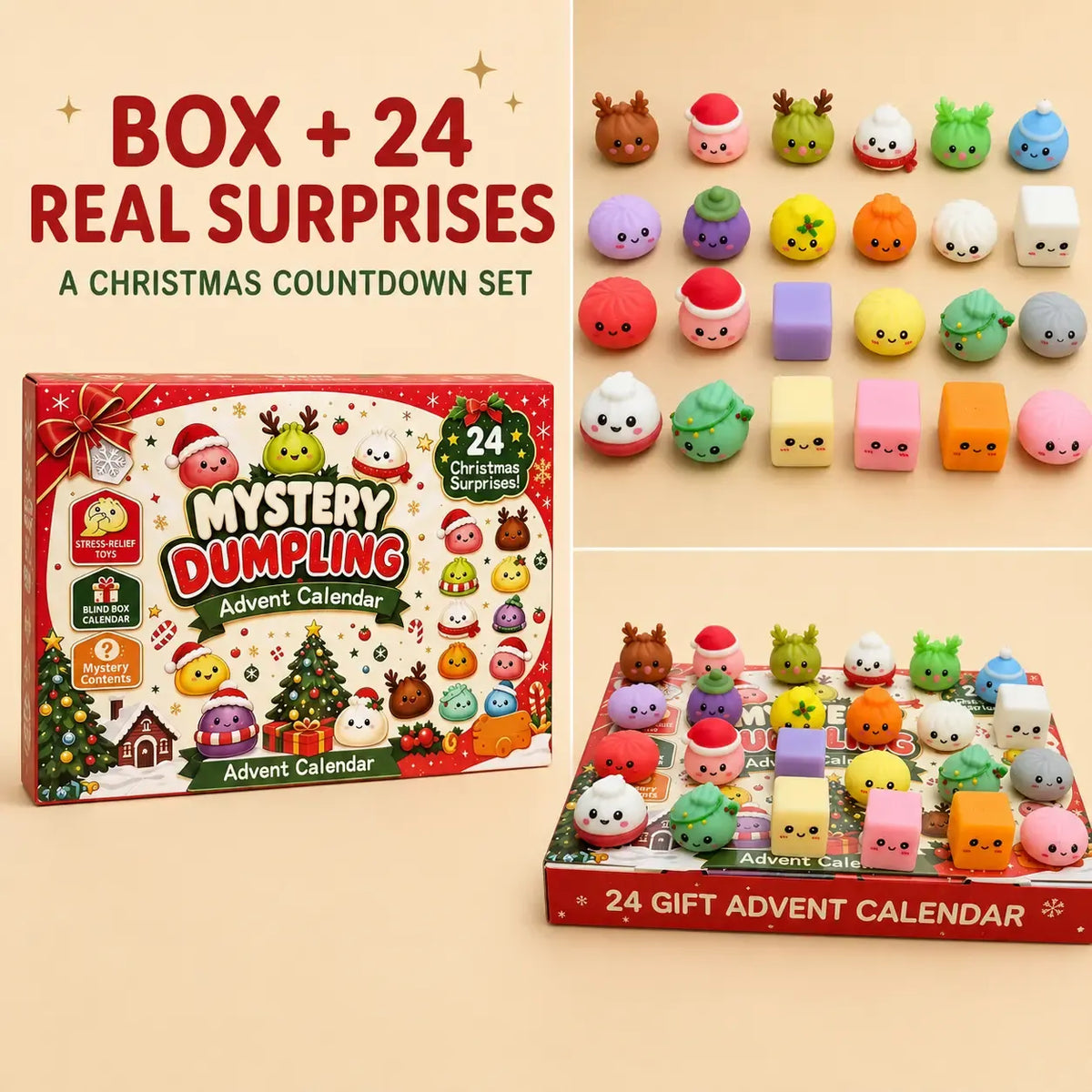 Christmas Mini Squishies，24-Day Dumpling Squishy Toy