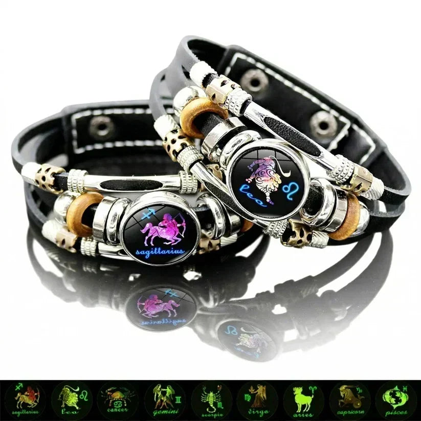 Glow‑in‑the‑dark Leather Zodiac Sign Bracelet: Unique Design & Personalized Style