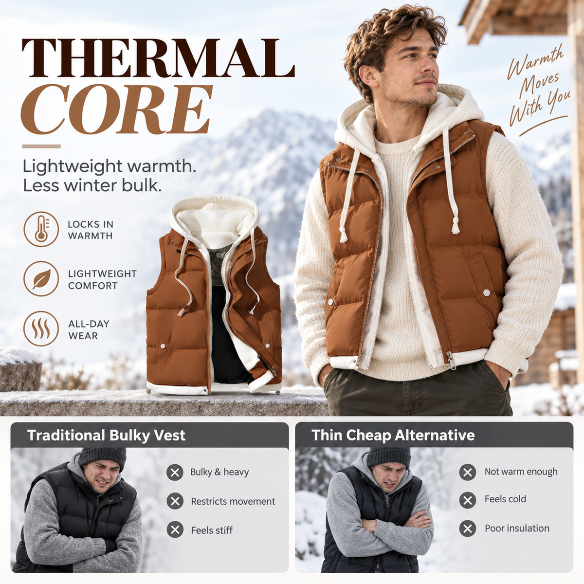 Unisex Layered Hooded Thermal Vest - Stylish, Warmth & Lightweight Comfort