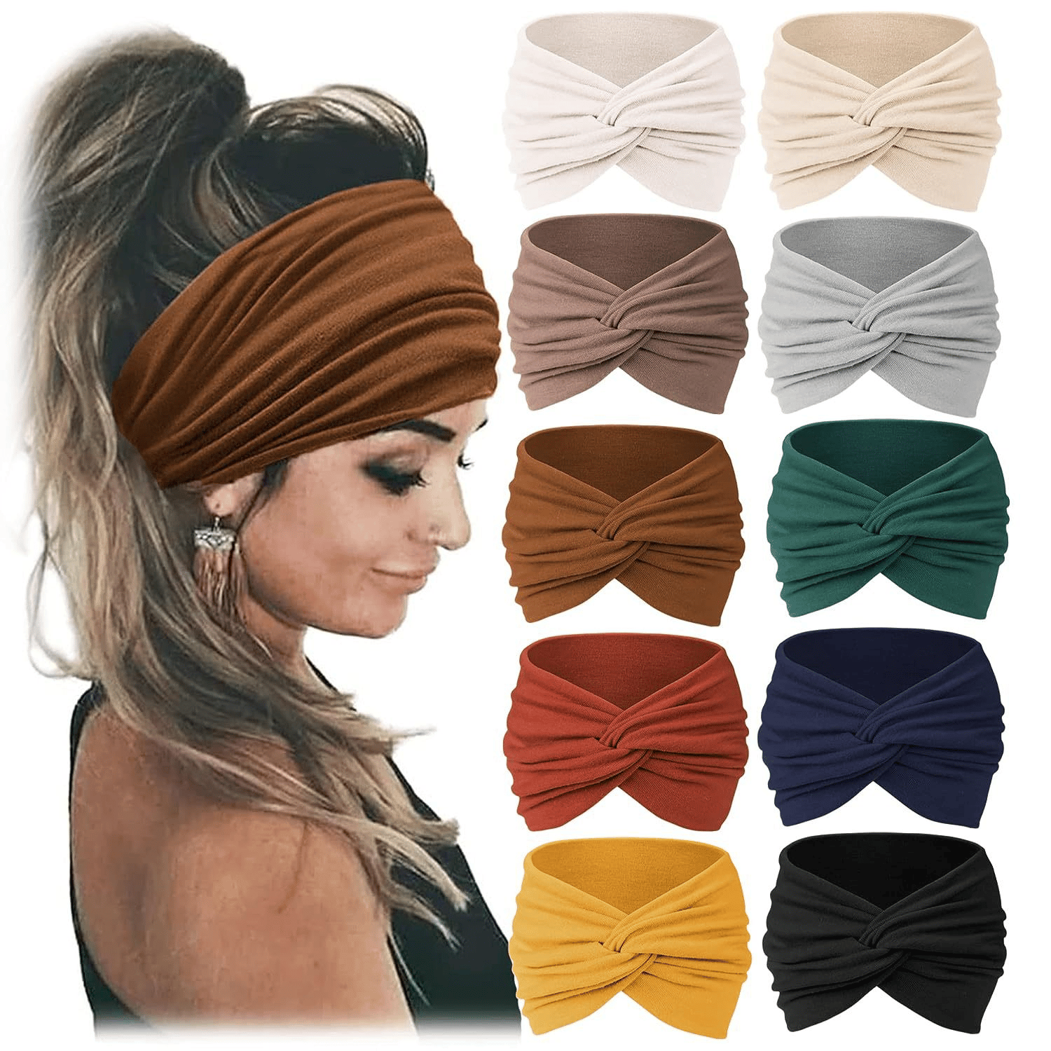 10 Pack Wide Knotted Turban Headbands for Women