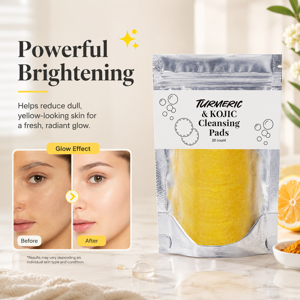 🌿 Natural Turmeric & Kojic Acid Facial Cleansing Pads - Gentle Cleansing & Daily Skin Care