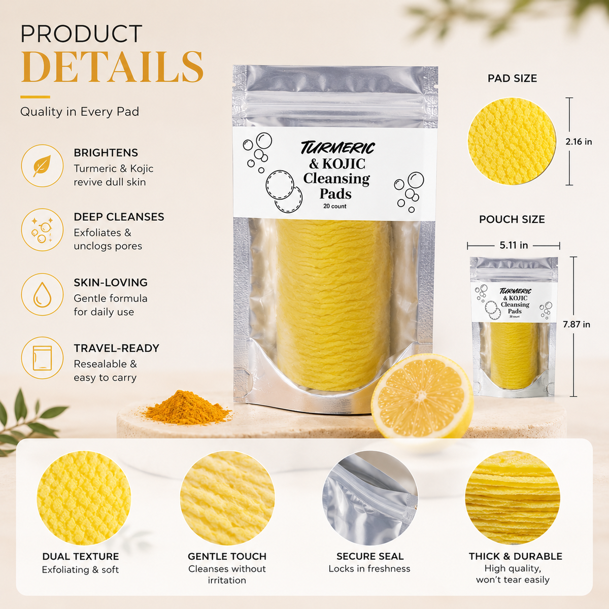 🌿 Natural Turmeric & Kojic Acid Facial Cleansing Pads - Gentle Cleansing & Daily Skin Care