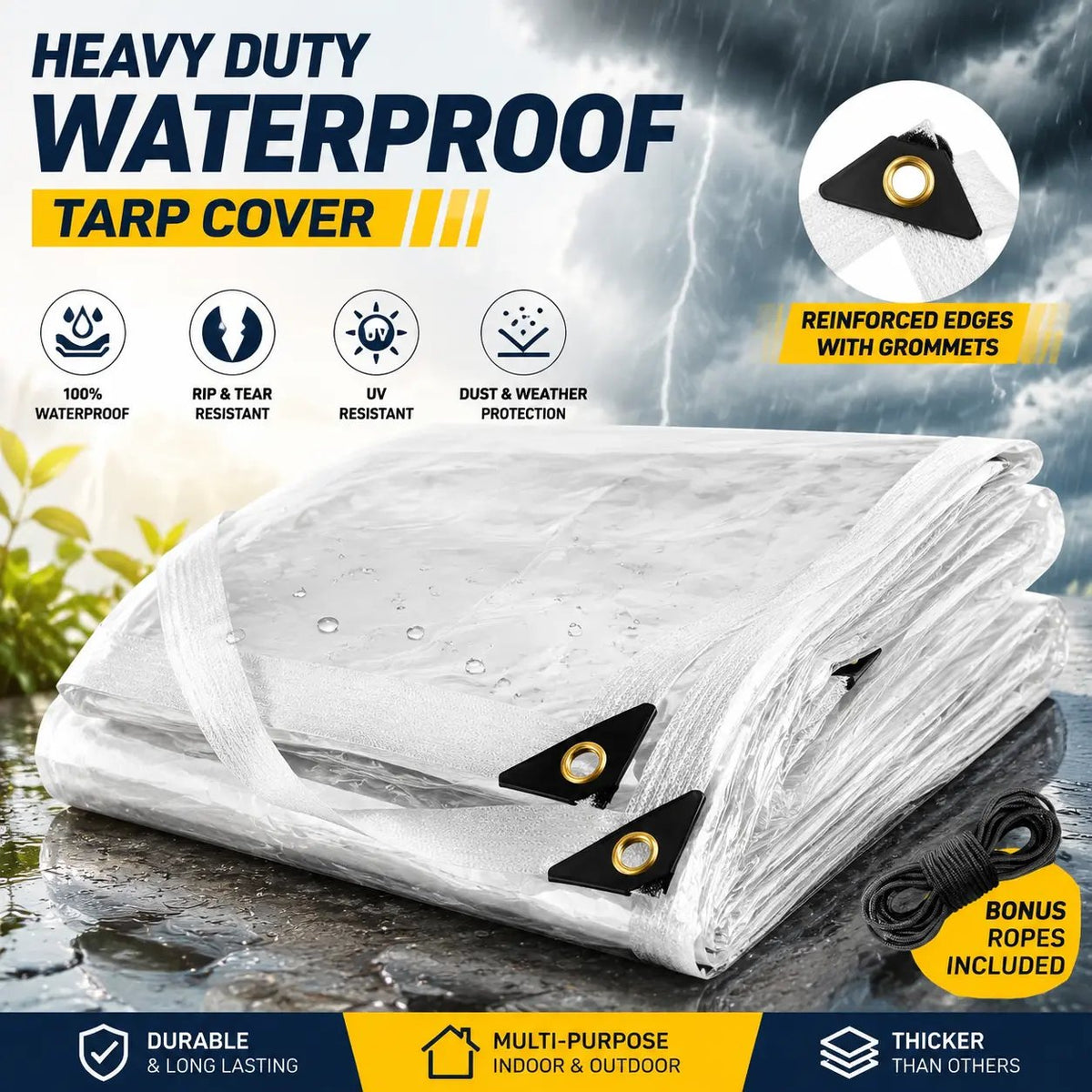 Heavy-Duty Transparent Waterproof Tarp: Outdoor Cover with Secure Rope & Reliable Protection