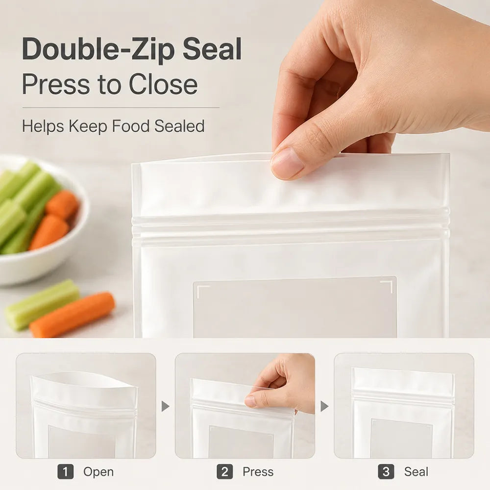 🥬 Reusable Long Food Storage Bags, Double-Zip Seal Freshness Bags for Kitchen