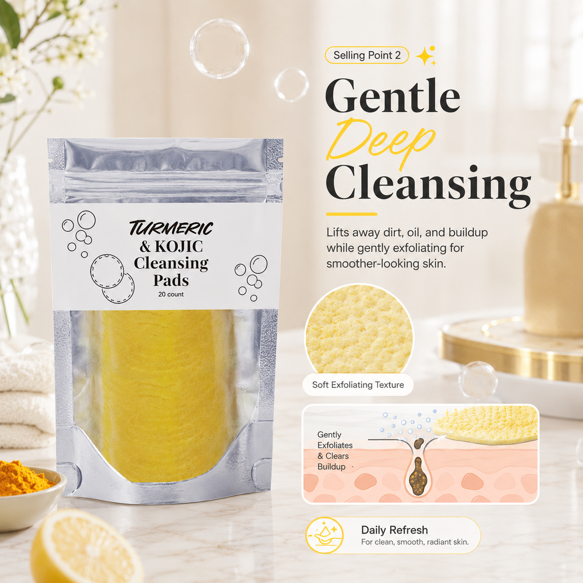 🌿 Natural Turmeric & Kojic Acid Facial Cleansing Pads - Gentle Cleansing & Daily Skin Care