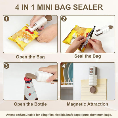 4-in-1 Rechargeable Mini Bag Sealer: Cutter, Magnet & Bottle Opener