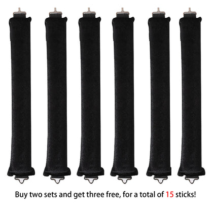 Full 6-piece satin heatless curling kit laid flat — rod, 2 scrunchies, 2 claw clips, storage pouch
