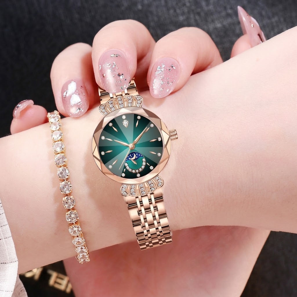👑 Luxurious Rose Gold Crystal Quartz Watch – Diamond Cut Vintage Wristwatch✨