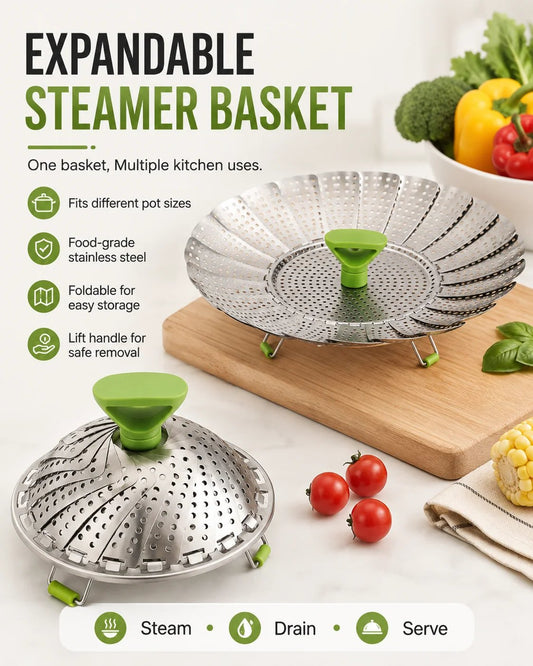 Expandable Stainless Steel Steamer Basket: Adjustable Size & Space-Saving Design