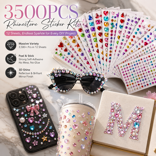 ✨ 3500Pcs Self-Adhesive Rhinestone Sticker Kit – 12 Sheets 3D Gem & Pearl Craft Stickers 💎