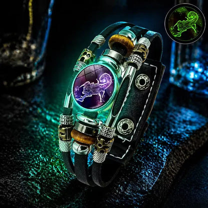 💥Last-day sale – 50% off ☪️Glow-in-the-dark leather zodiac sign bracelet for men and women (6.9/8.1 inches)♑️