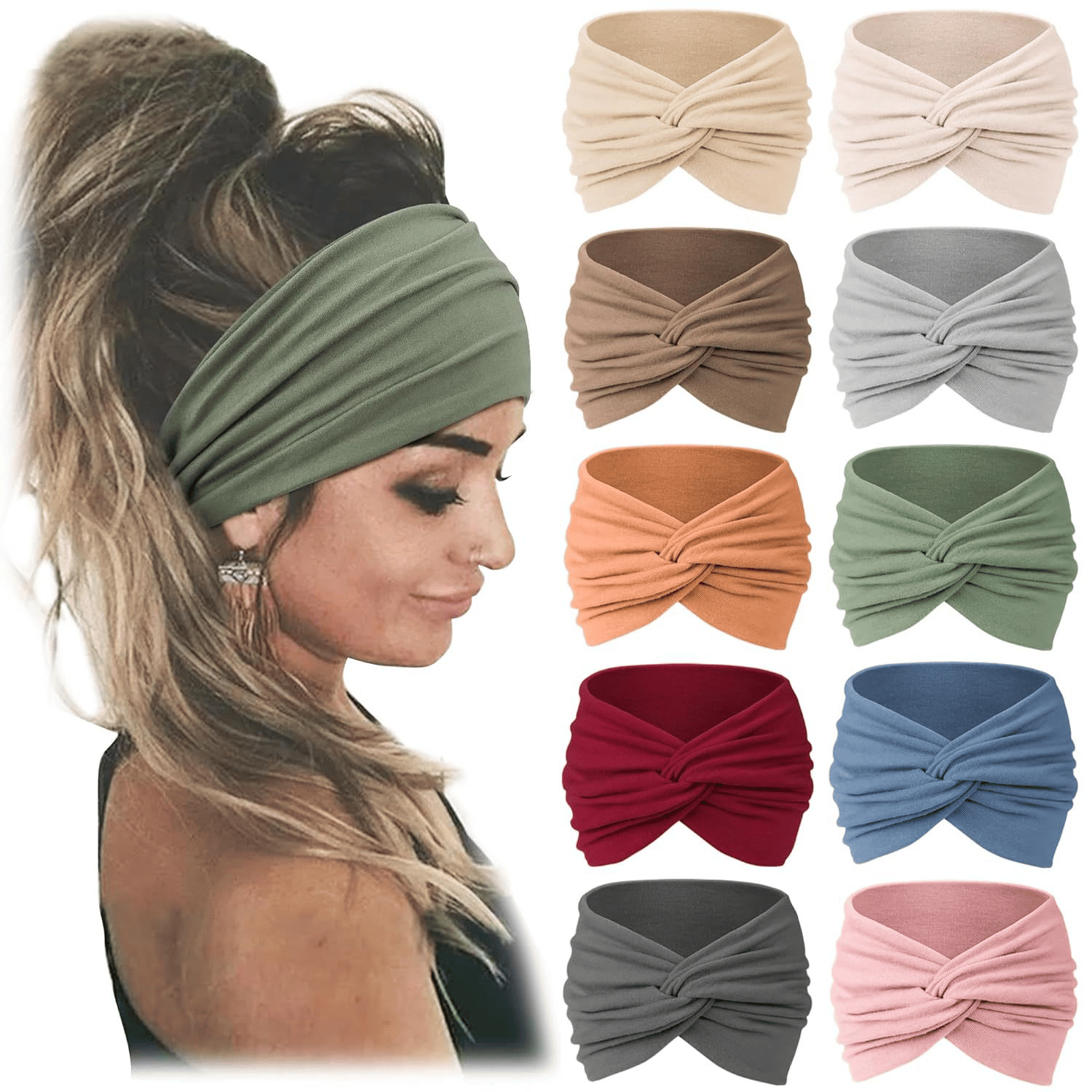 10 Pack Wide Knotted Turban Headbands for Women