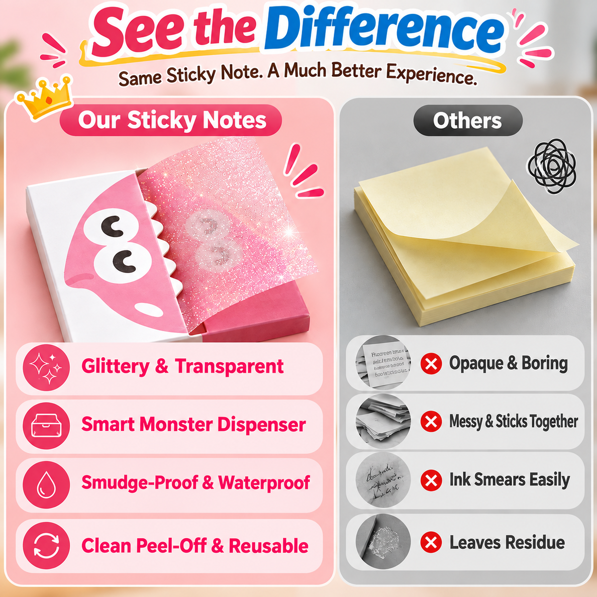 ✨ Glitter Transparent Pull-Out Sticky Notes - Stylish Aesthetic Memo Pads & Easy-to-Write
