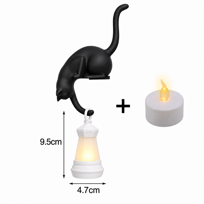 Black cat shelf figurine with light-colored mini lantern and LED candle