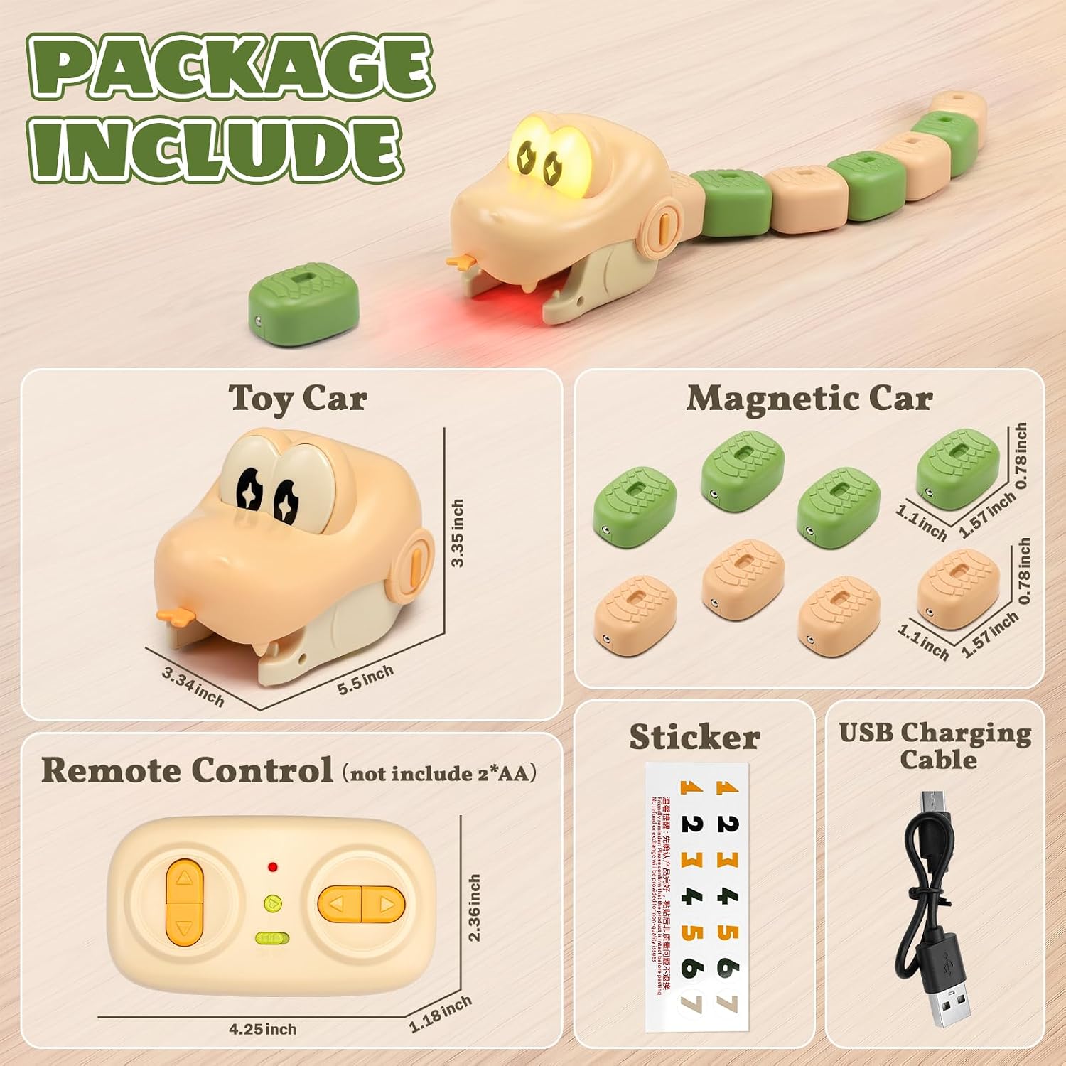 Magnetic snake toy package contents and product dimensions