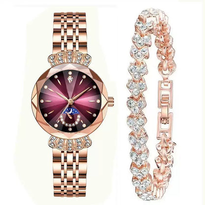 👑 Luxurious Rose Gold Crystal Quartz Watch – Diamond Cut Vintage Wristwatch✨