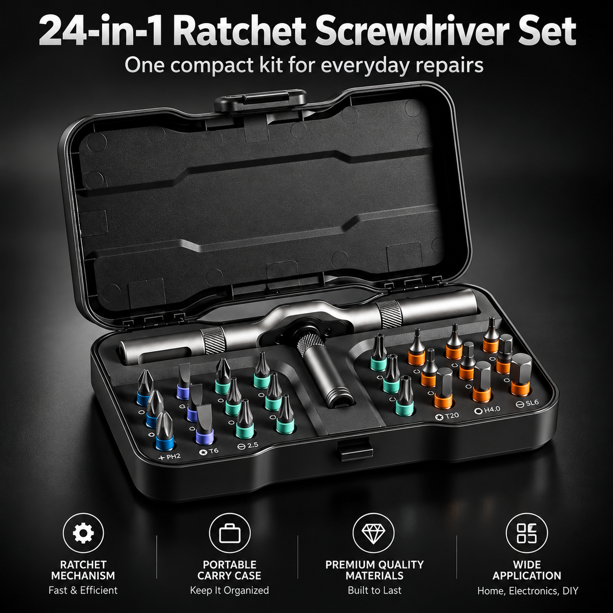 Compact Ratcheting MultiTool Set – S2 Steel Bits, T-Handle & Magnetic Tips