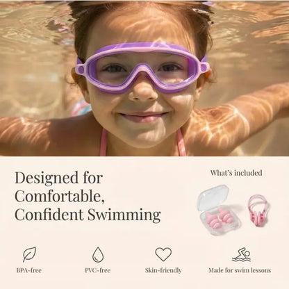 4-in-1 Anti-Fog Swim Goggles with Built-In Nose Clip & Ear Protection