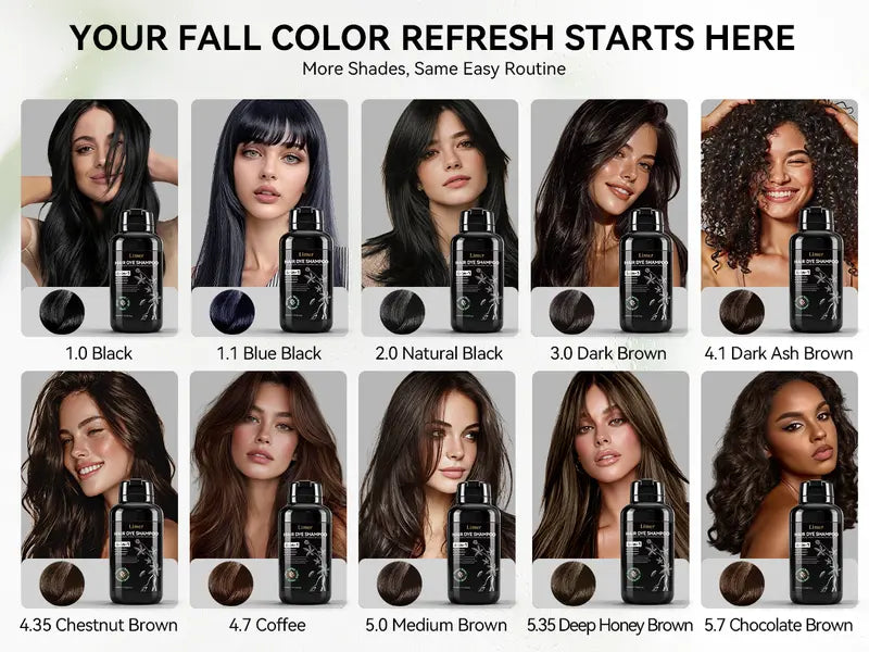 Limer 6-in-1 Multicolor Hair Dye Shampoo - 460ml Herbal, Ammonia-Free, Semi-Permanent, No Bleach Formula with Black Currant Leaf Extract for Adults, Anti-Aging Gray Hair Coverage, 48-Hour Patch Test Required At-Home Haircare