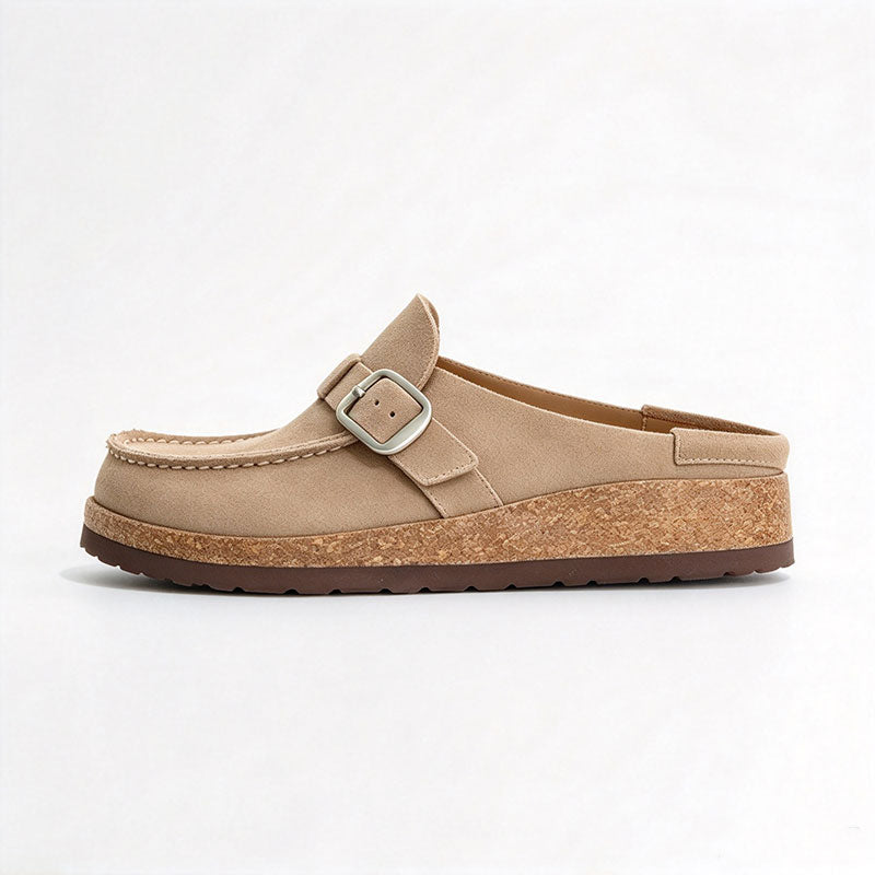 Casual Style Leather Round-Toe Slip-On Shoes: Premium Leather & Stylish Side Buckle