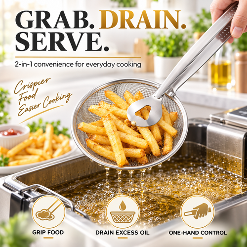 2-in-1 Fine Mesh Strainer Tongs – Strain, Scoop & Efficient Kitchen Use