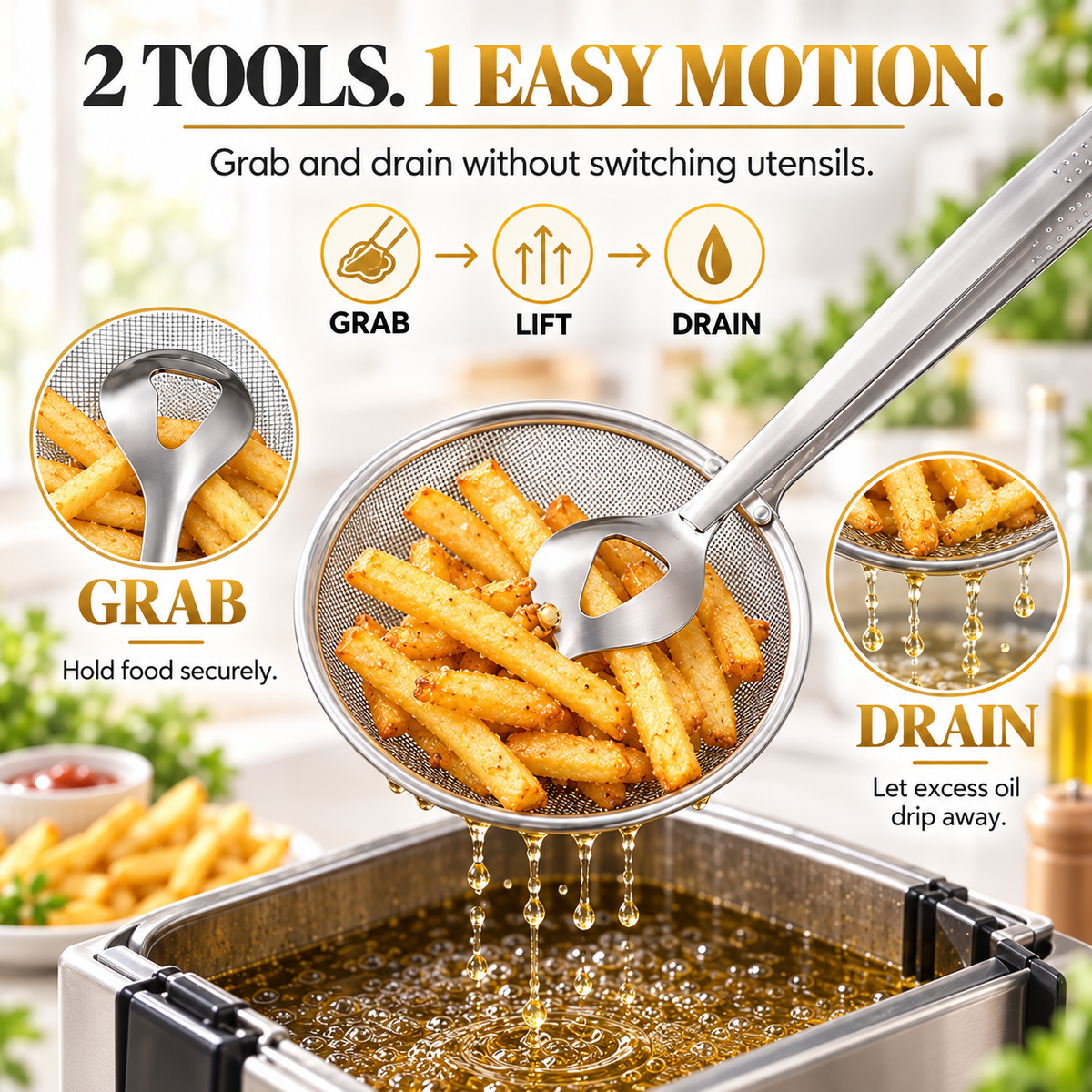 2-in-1 Fine Mesh Strainer Tongs – Strain, Scoop & Efficient Kitchen Use