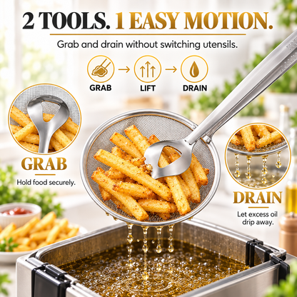 2-in-1 Fine Mesh Strainer Tongs – Strain, Scoop & Efficient Kitchen Use