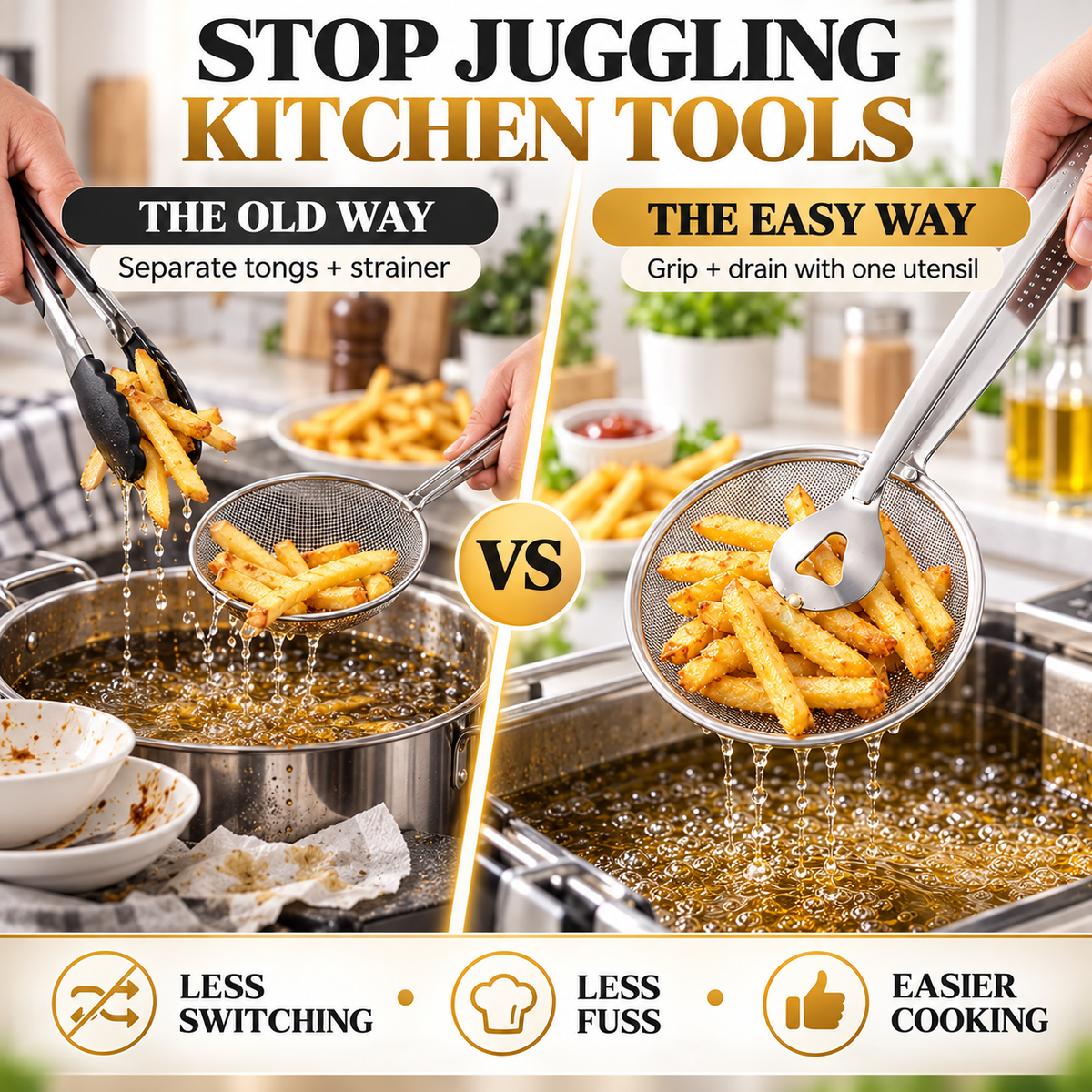 2-in-1 Fine Mesh Strainer Tongs – Strain, Scoop & Efficient Kitchen Use