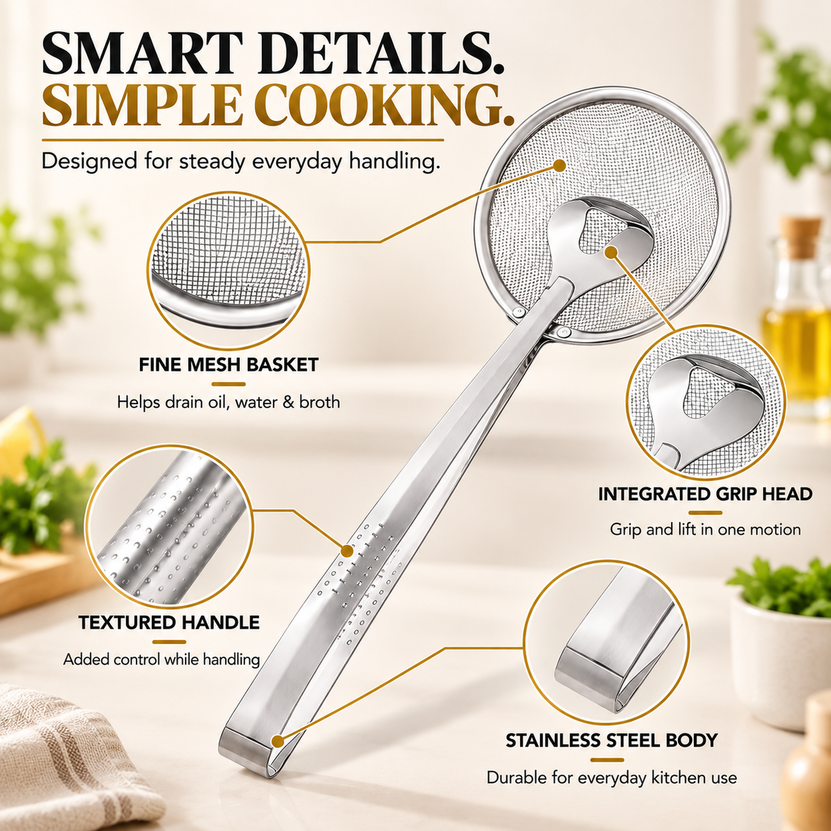 2-in-1 Fine Mesh Strainer Tongs – Strain, Scoop & Efficient Kitchen Use