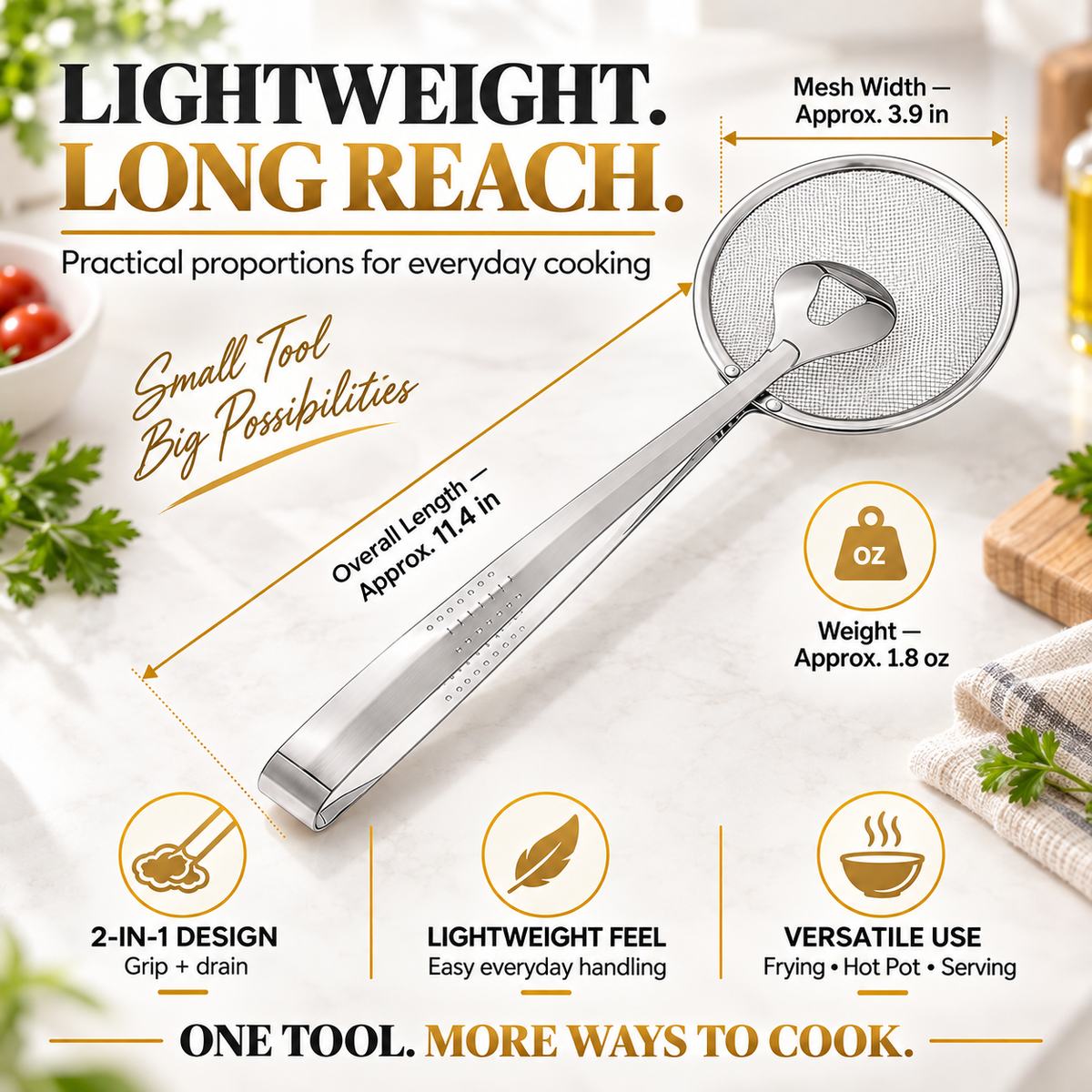 2-in-1 Fine Mesh Strainer Tongs – Strain, Scoop & Efficient Kitchen Use