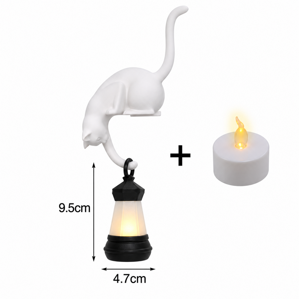 White cat shelf figurine with dark mini lantern and LED candle