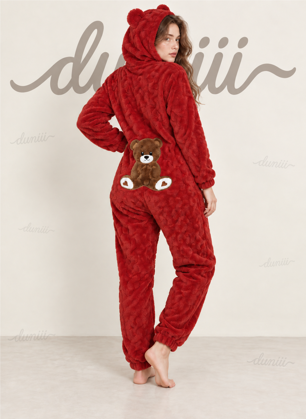 Women's Teddy Bear Hooded Plush Pajama Jumpsuit - Hooded & Cozy Warmth