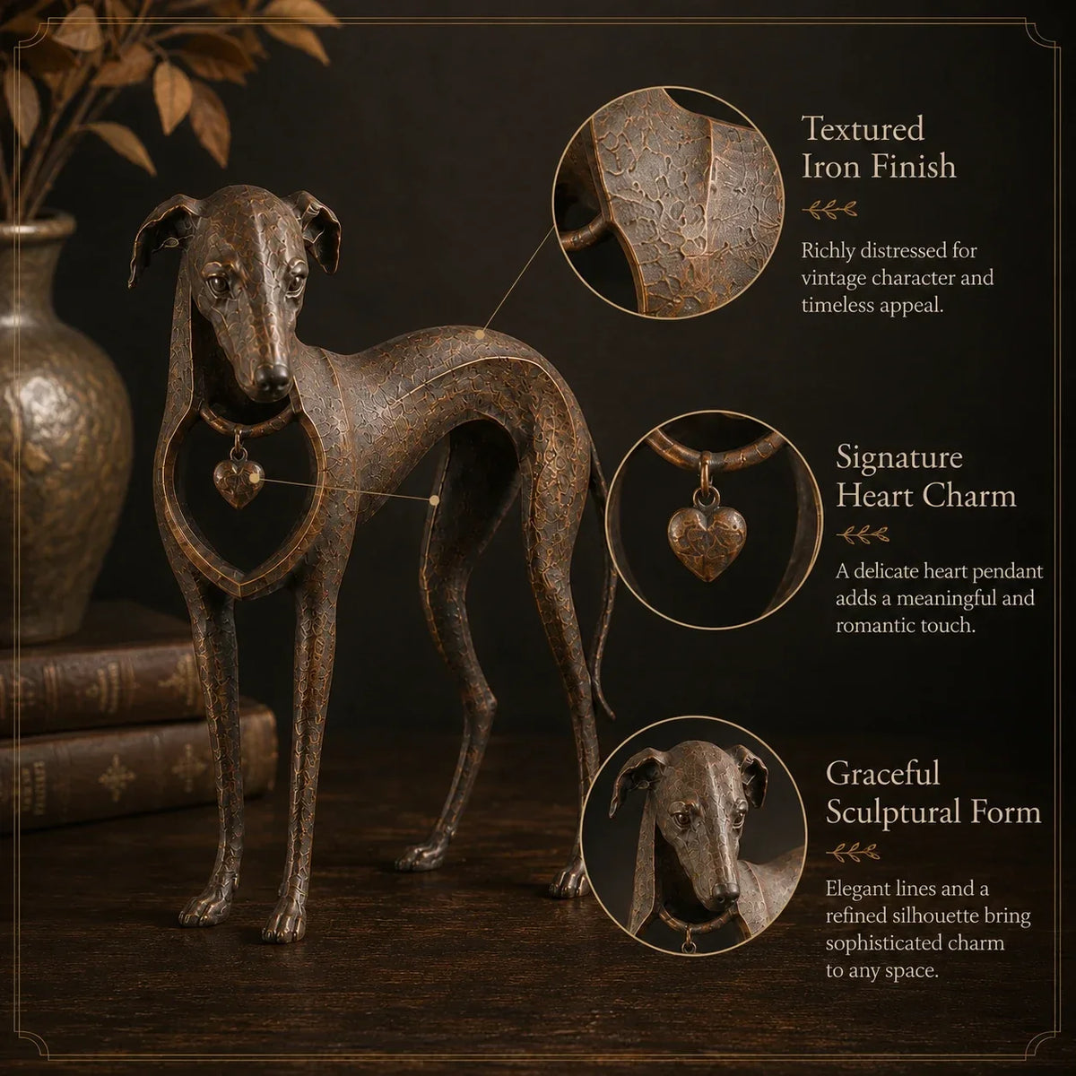 🐾Heritage Heart Sighthound Sculpture – Vintage Iron Dog Accent for Timeless Interiors