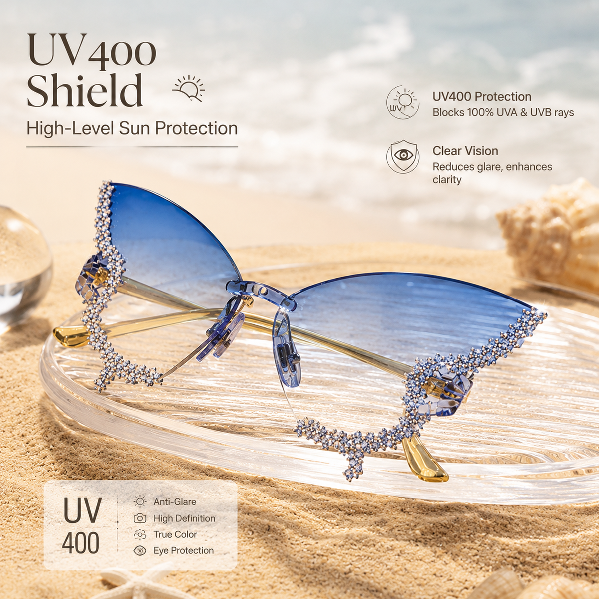 Butterfly Rimless Rhinestone Sunglasses - Sparkling Design & Elegant Style