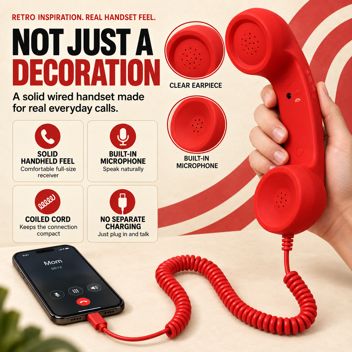☎️ Old School Wired Phone Handset – Classic Radiation-Proof Receiver for Mobile Phones