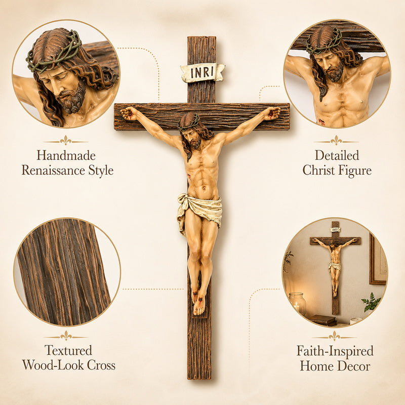 Catholic Crucifix Wall Cross, Jesus Christ Decor, 9.65" Handmade Sculpture