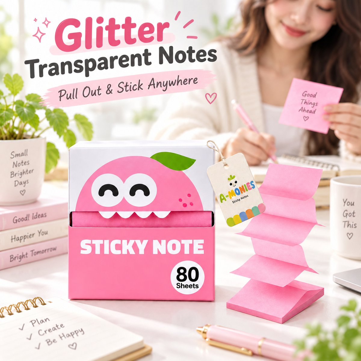 ✨ Glitter Transparent Pull-Out Sticky Notes - Stylish Aesthetic Memo Pads & Easy-to-Write
