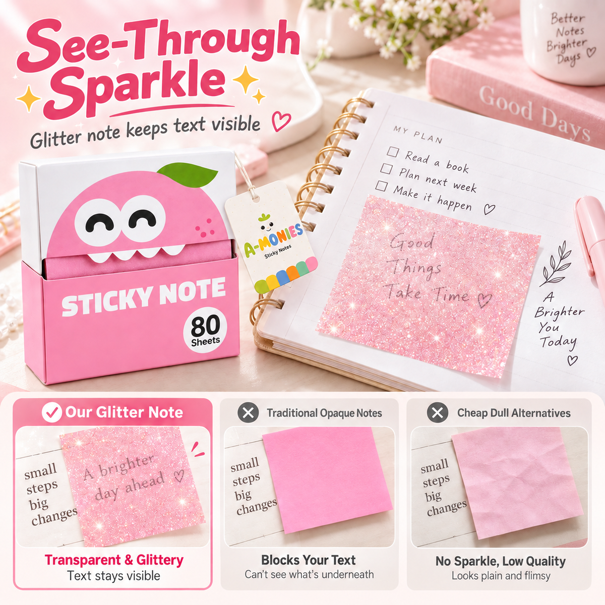 ✨ Glitter Transparent Pull-Out Sticky Notes - Stylish Aesthetic Memo Pads & Easy-to-Write