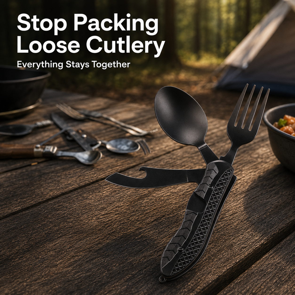 🏕️ 3-in-1 Folding Camping Utensil – Compact Fork, Spoon & Knife