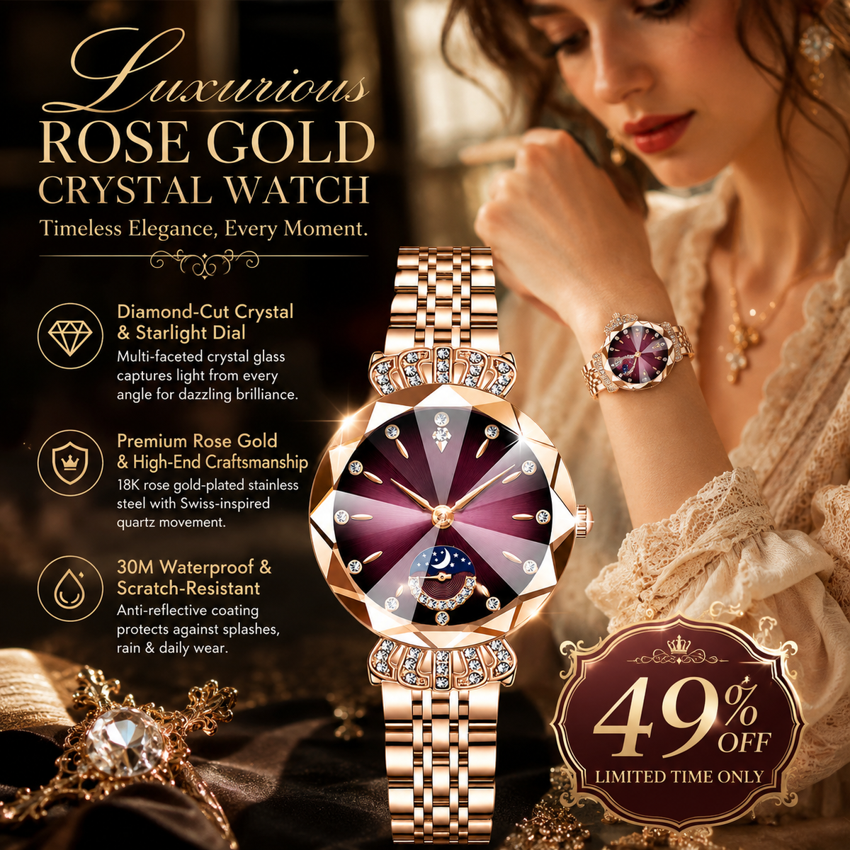 👑 Luxurious Rose Gold Crystal Quartz Watch – Diamond Cut Vintage Wristwatch✨