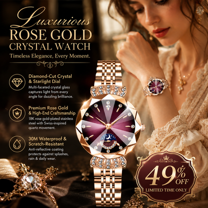 👑 Luxurious Rose Gold Crystal Quartz Watch – Diamond Cut Vintage Wristwatch✨